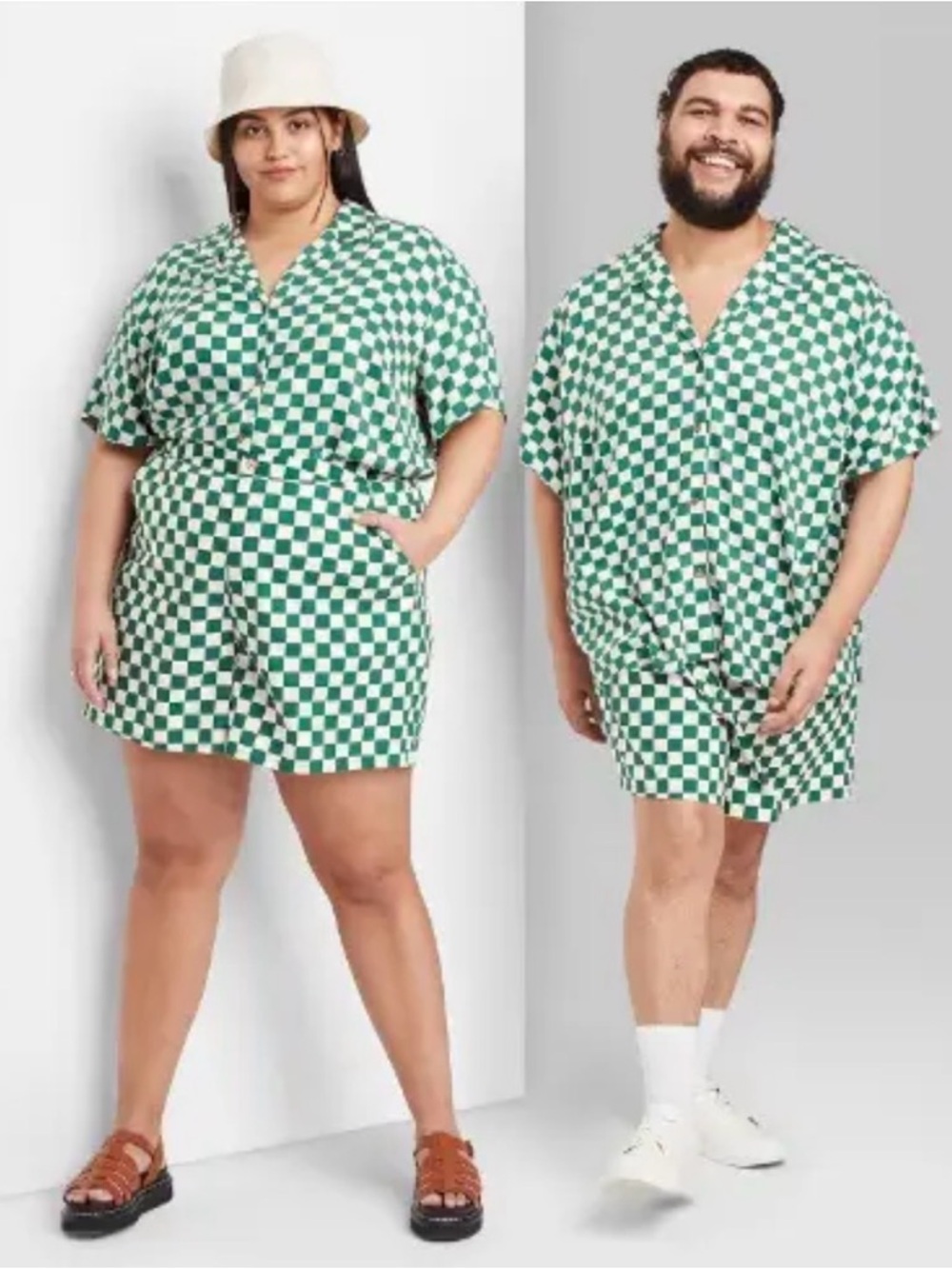 Wild Fable Checkerboard Set Pocket Shorts & Button Up Short Sleeve Green Unique
